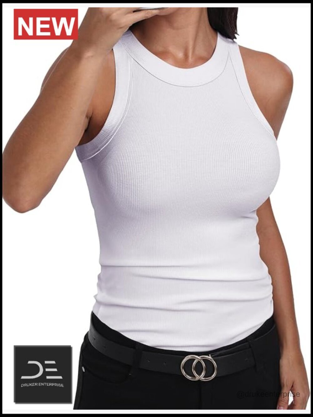 Sleeveless Racerback High Neck Fitted Tank Top Cotton Rayon Spandex